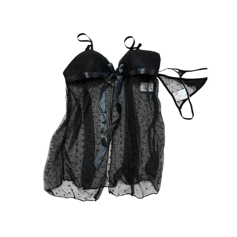 Flora By Flora Nikrooz Baby Doll Set Size M Black Lace New